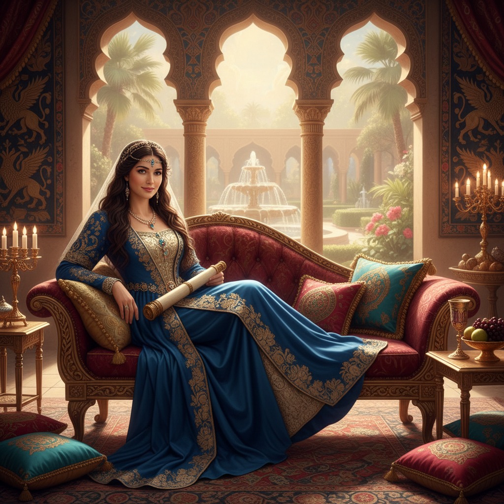beautiful Queen Esther relaxing on a long couch